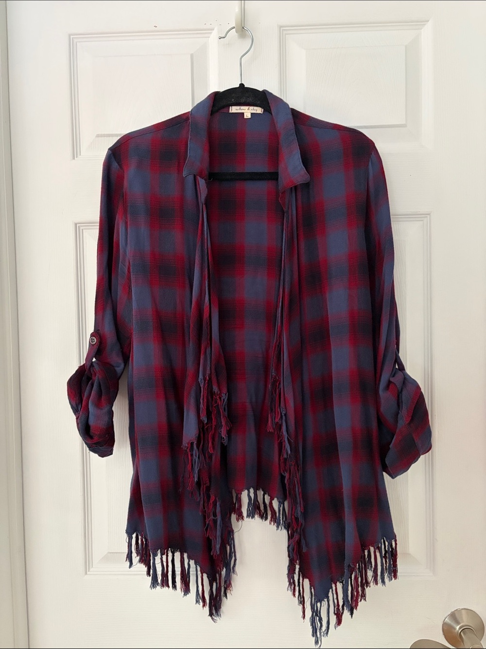 Willow & Clay Navy Blue and Burgundy Plaid Fringe Cardigan